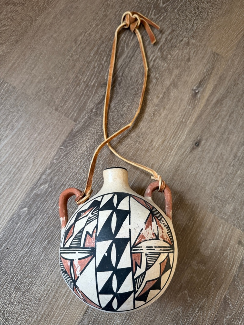Vintage Ceramic Watering Flask with Black and Terracotta Geometric Design
